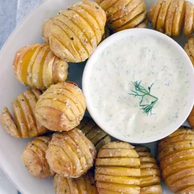 Mini Hasselback Potatoes with Creamy Dill Dip