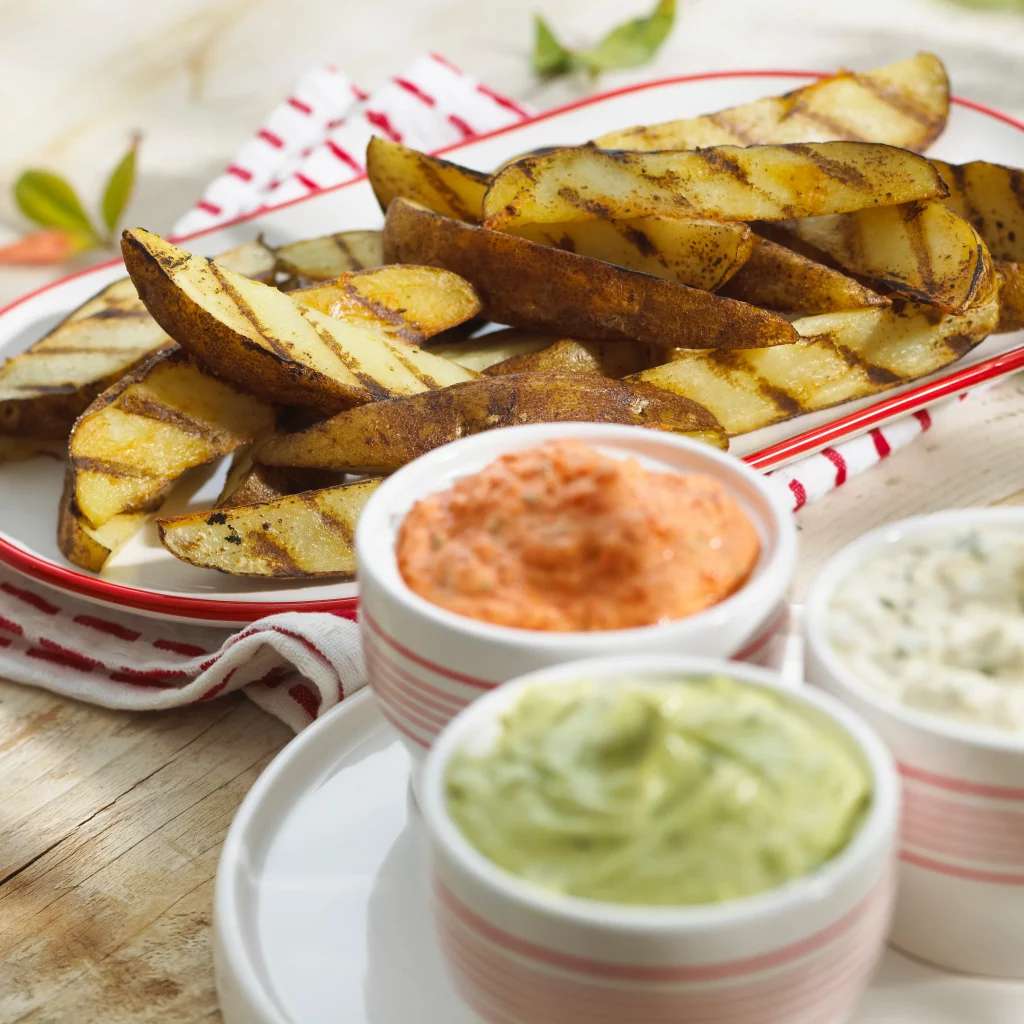 Grilled Potato Dippers with a Trio of Sauces