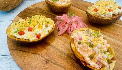 Smoked Salmon Salad and White Fish Salad Stuffed Potato Half Shells