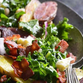Kale Salad with Roasted Fingerling Potatoes, White Beans, and Warm Bacon Dressing