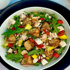 Summer salad with rosemary potato croutons