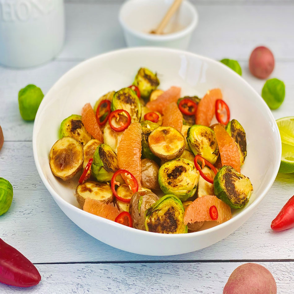 Oven Crisped Potatoes with Brussels Sprouts and Chilies