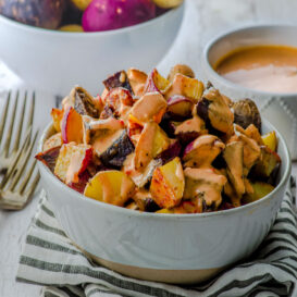 Tri-Colored Roasted Potatoes with Harissa Sauce